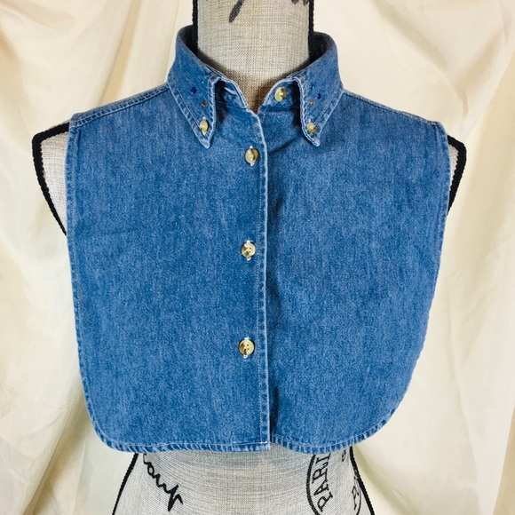 Vintage Other - Vintage 90s Y2K Denim Collar Bib Goes Under Anything Blue Rhinestones OS XS S M